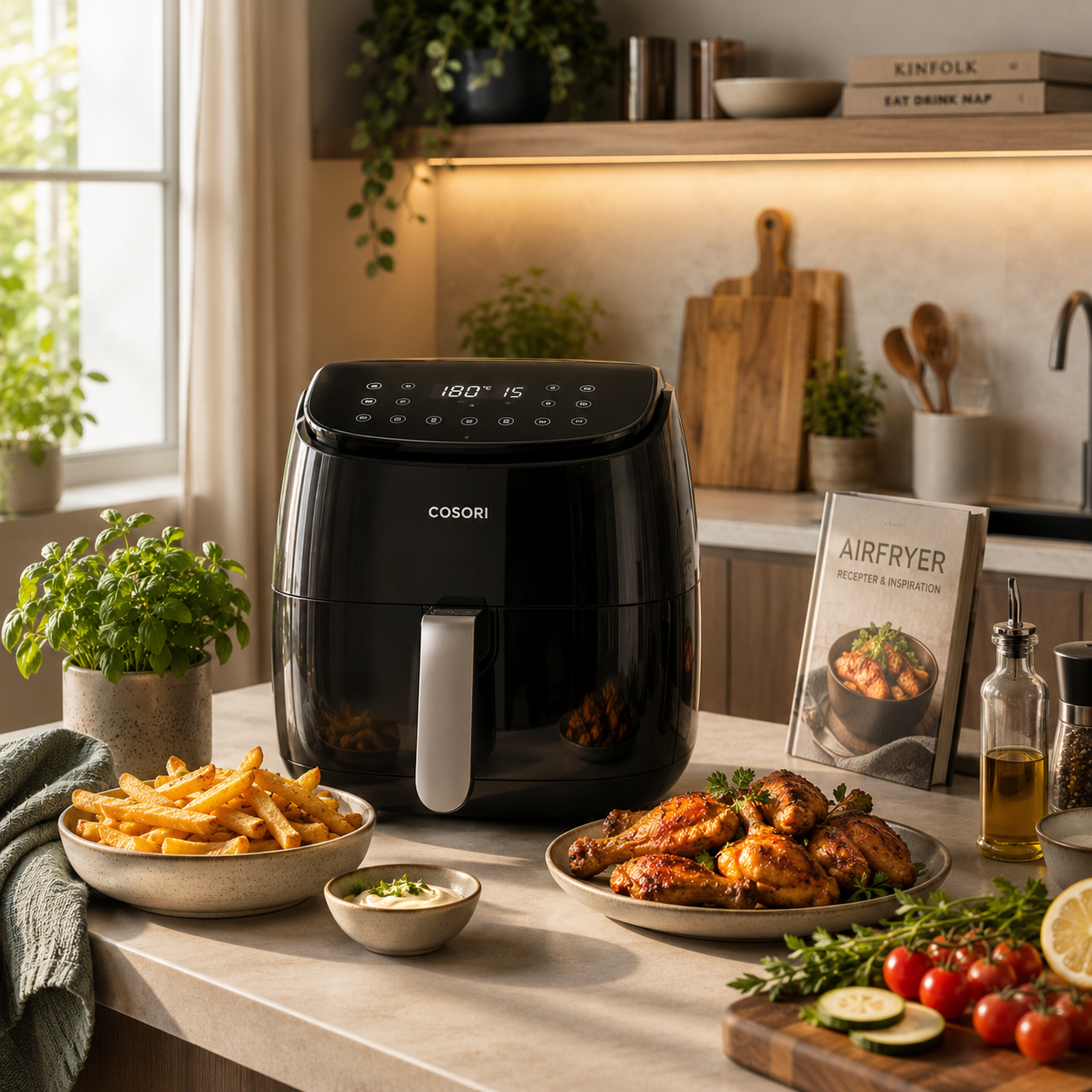 Moderne skandinavisk hjem med airfryer, robotstøvsuger, espressomaskine og hverdagselektronik i varmt naturligt lys